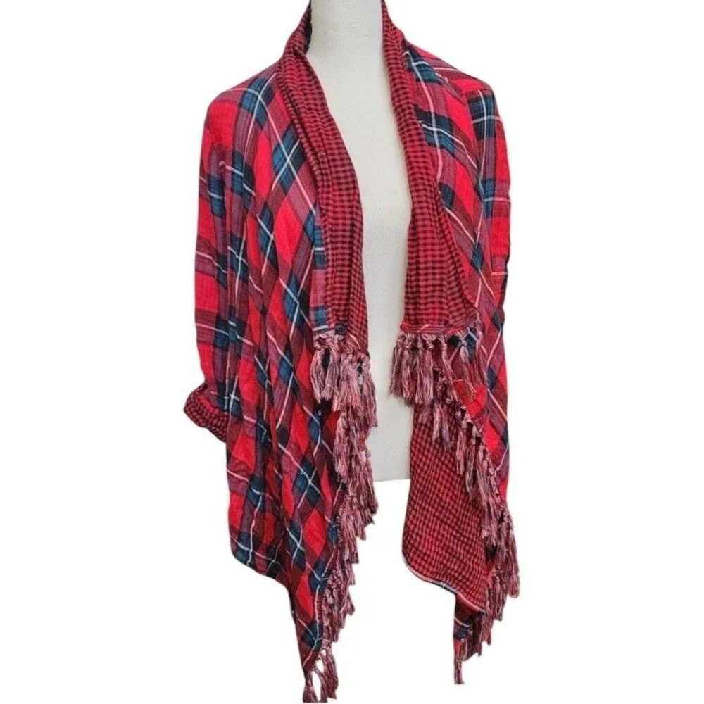 Umgee Red Plaid Fringe Cardigan Draped Waterfall-Style Size Medium